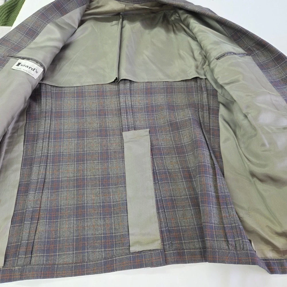 Iszard's Plaid Blazer Mens 44R Grey Blue‎ Orange Vintage Two Button Sport Coat